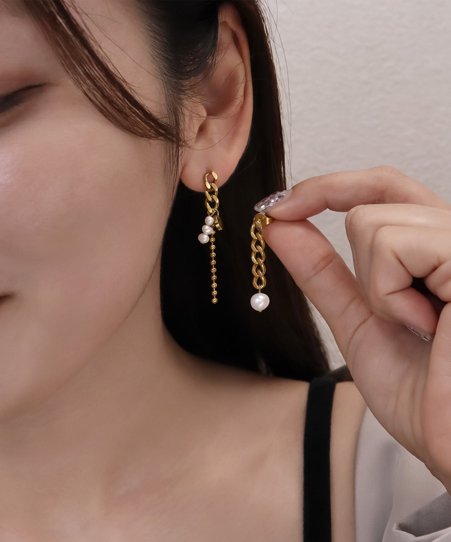 blackdia ocean アシンメトリーパールチェーンピアス