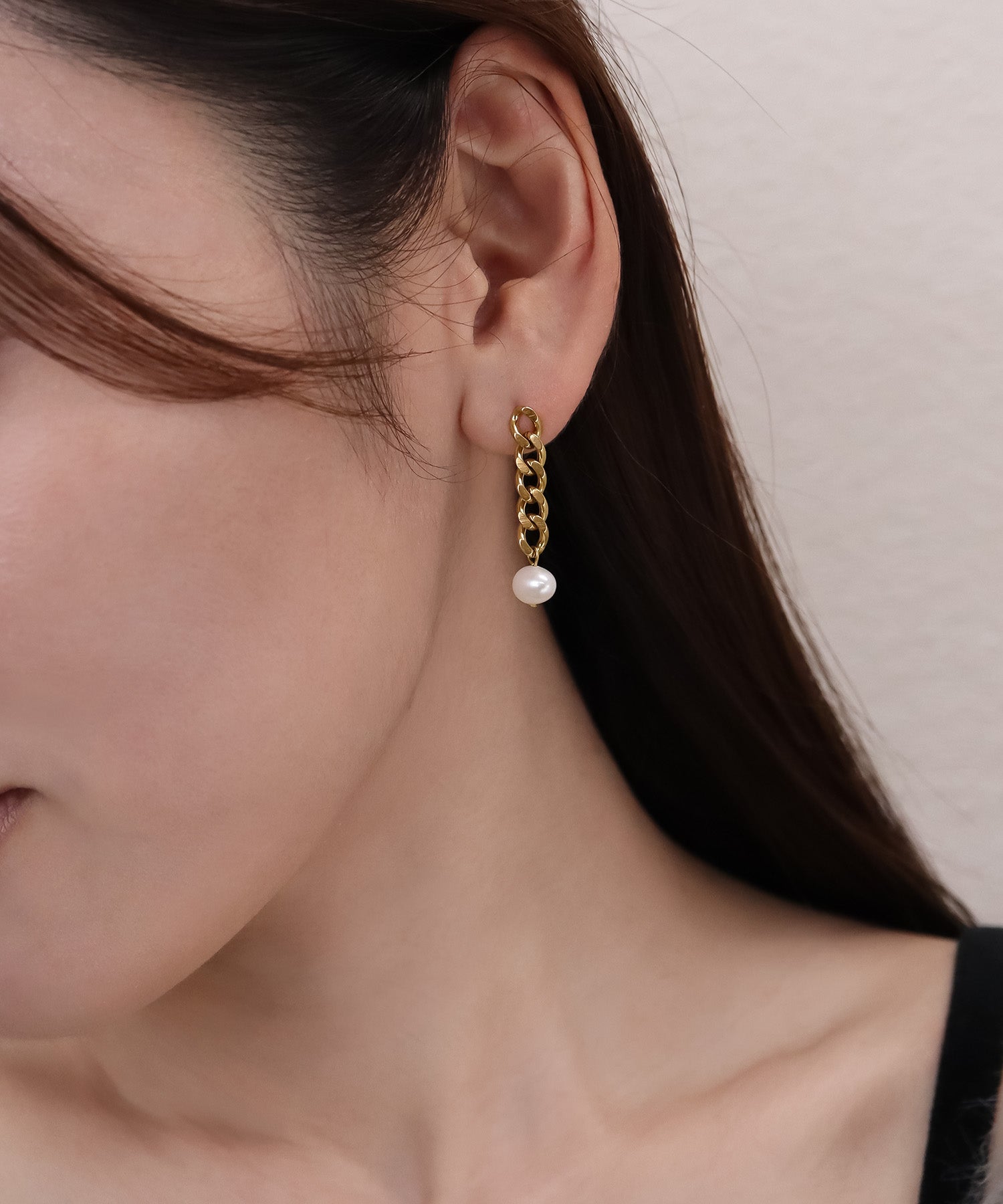 ピアス　No.4496 blackdia ocean アシンメトリーパールチェーンピアス